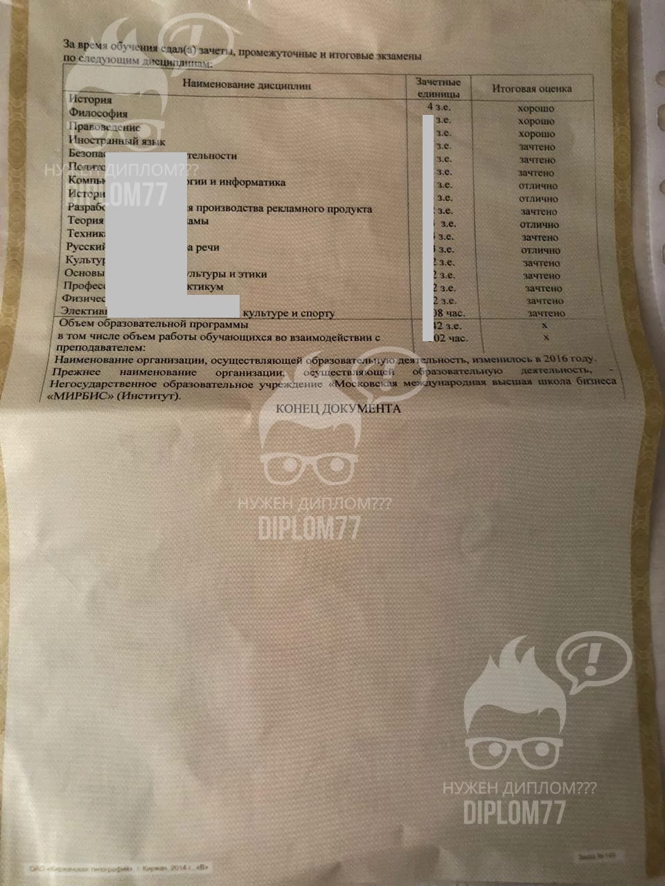 Предметы к академической справке об обучении МИРБИС 
