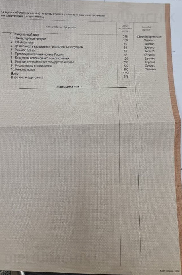 Предметы в академической справке Московского государственного открытого университета 2006 года