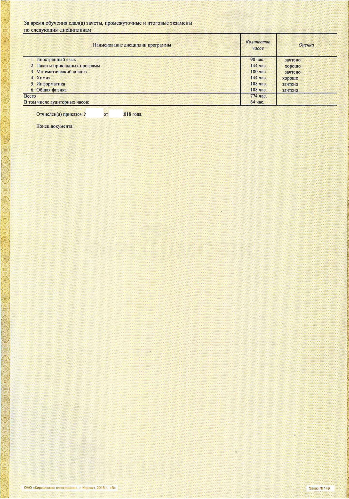 Оценки в справке об обучении 2020 года из РГАТУ им. П. А. Соловьева
