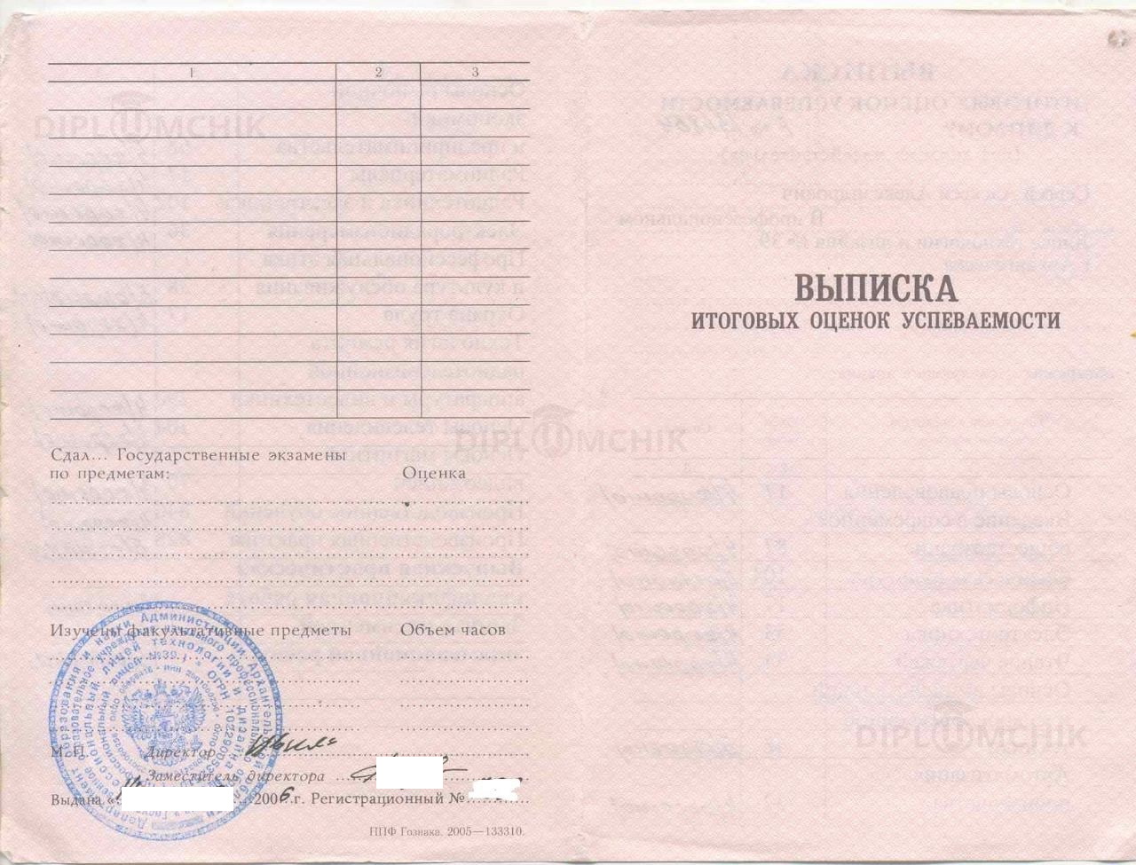Выписка из диплома Лицея технологии и дизайн №39 г. Архангельска (2006 г.)