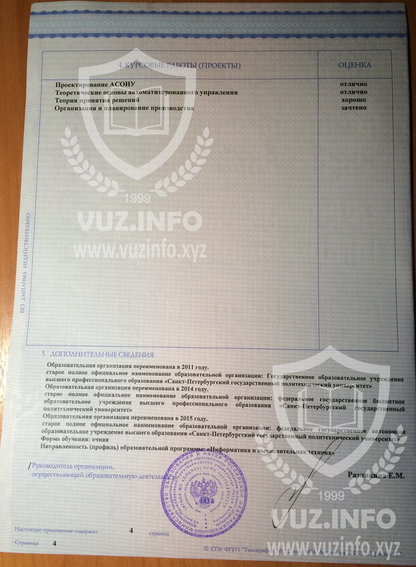 Диплом ВУЗа Специалист 2013-2014-2015-2016-2017-2018-2019-2020 годов окончания (4-я страница приложения)